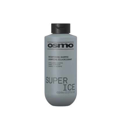 A 400ml bottle of Osmo Super Ice Brightening Shampoo, featuring a matte gray body and a black flip-top cap, shown against a plain white background.