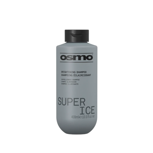 A 400ml bottle of Osmo Super Ice Brightening Shampoo, featuring a matte gray body and a black flip-top cap, shown against a plain white background.
