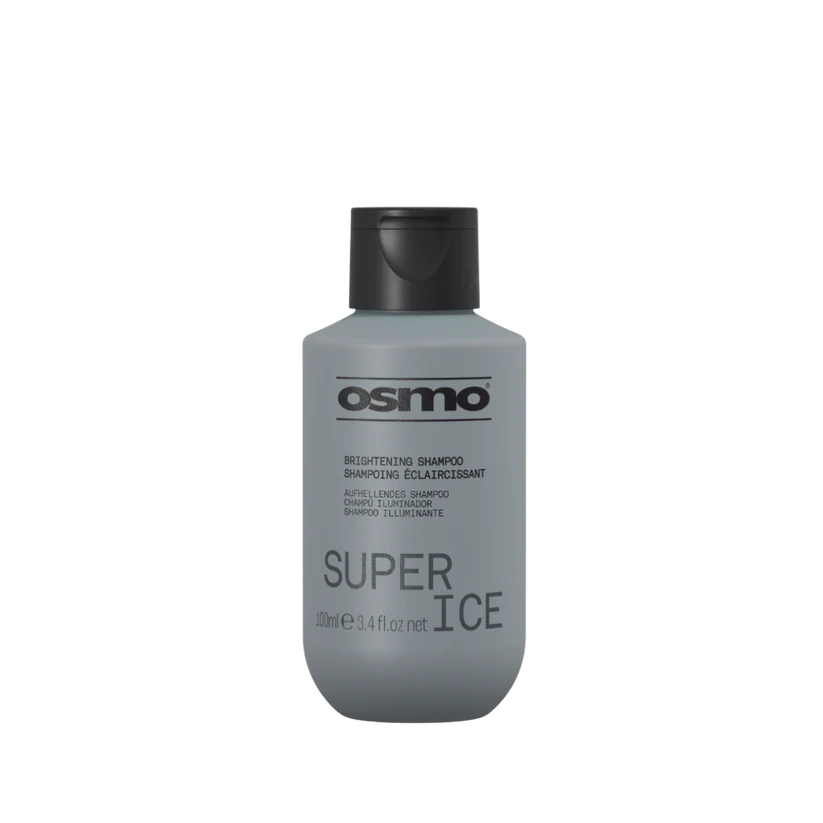 Osmo Super Ice Brightening Shampoo in a 3.4 fl oz gray bottle with a black cap, shown on a plain white background.