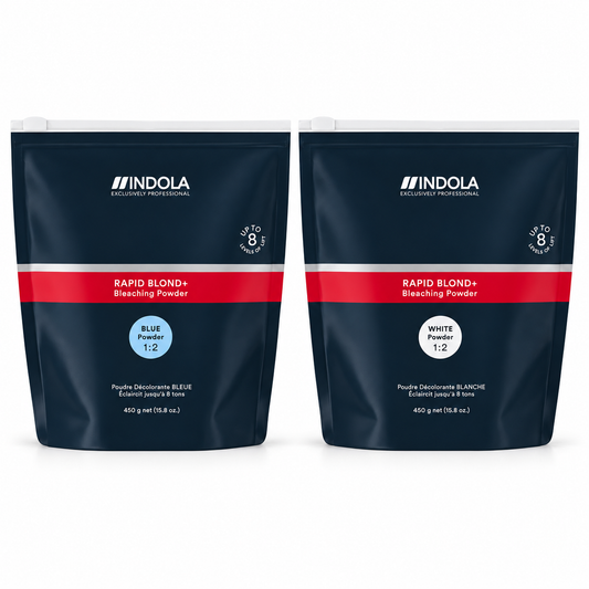 Two Indola Rapid Blond+ Bleaching Powder pouches side by side on a white background, one labeled Blue 1:2 and the other White 1:2.