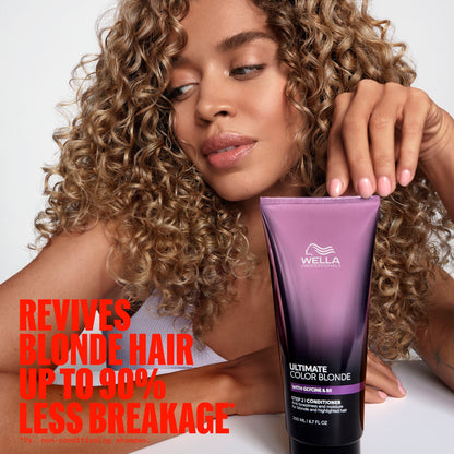 A woman with voluminous blonde curls holds a tube of Wella Ultimate Color Blonde Root Enhancing Primer next to bold red promotional text on a light gray background.