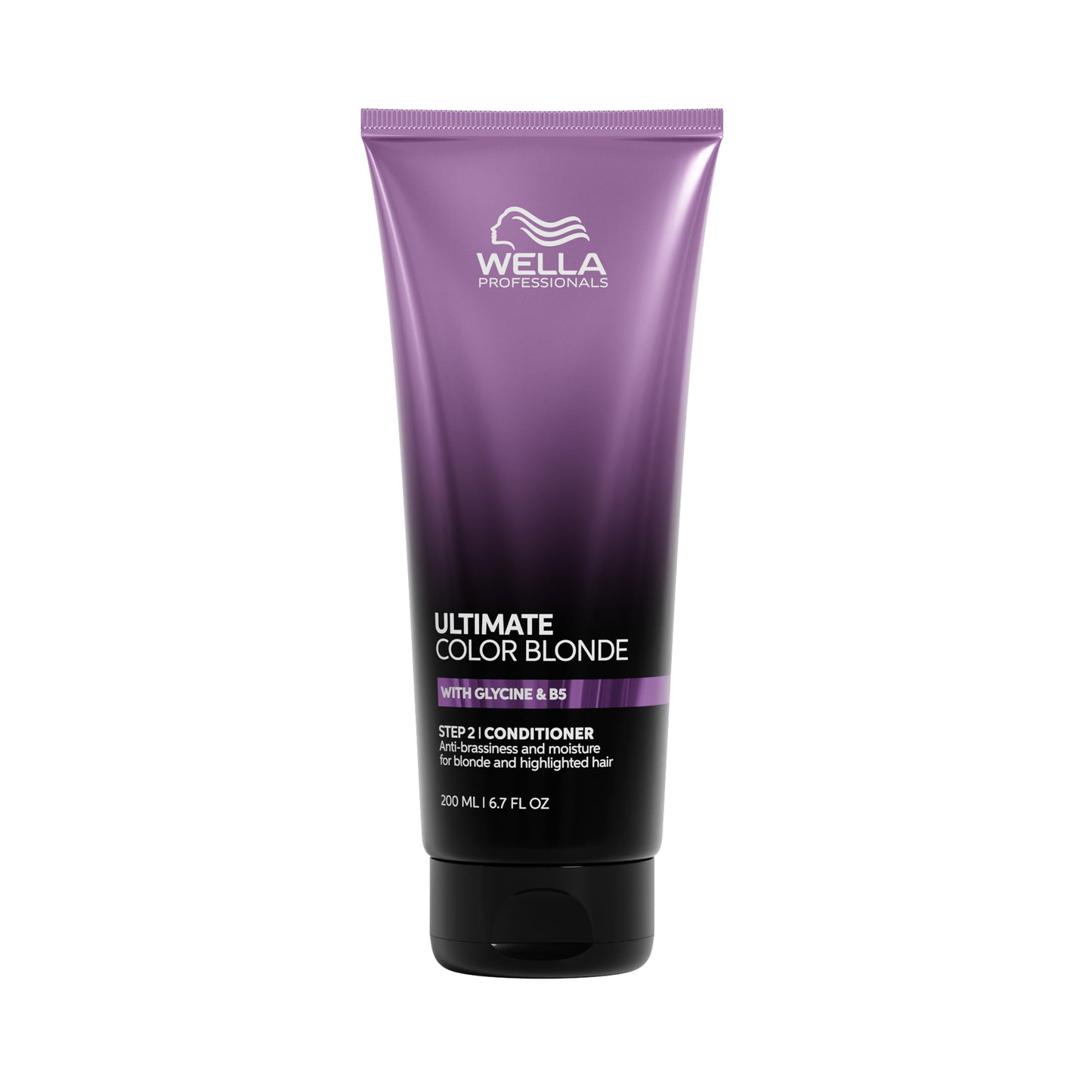 Wella Professionals Ultimate Color Blonde Step 2 Conditioner in a purple and black squeeze tube, shown on a plain white background.
