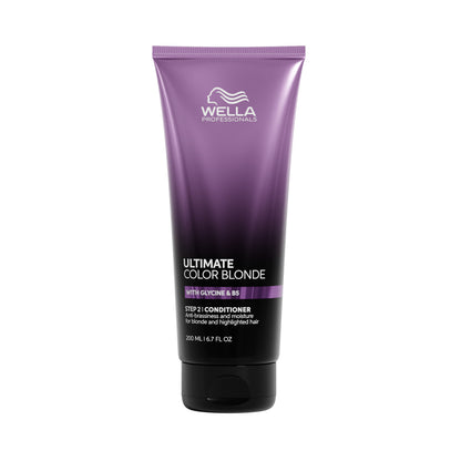 Wella Professionals Ultimate Color Blonde Step 2 Conditioner in a purple and black squeeze tube, shown on a plain white background.