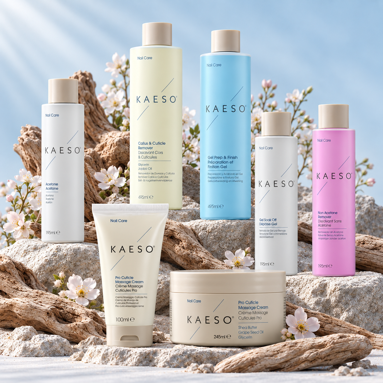 A set of Kaeso haircare products arranged on rocks with driftwood and small white flowers under a blue sky. The products include several bottles, a tube, and a jar in white, pale yellow, light blue, and pink packaging.