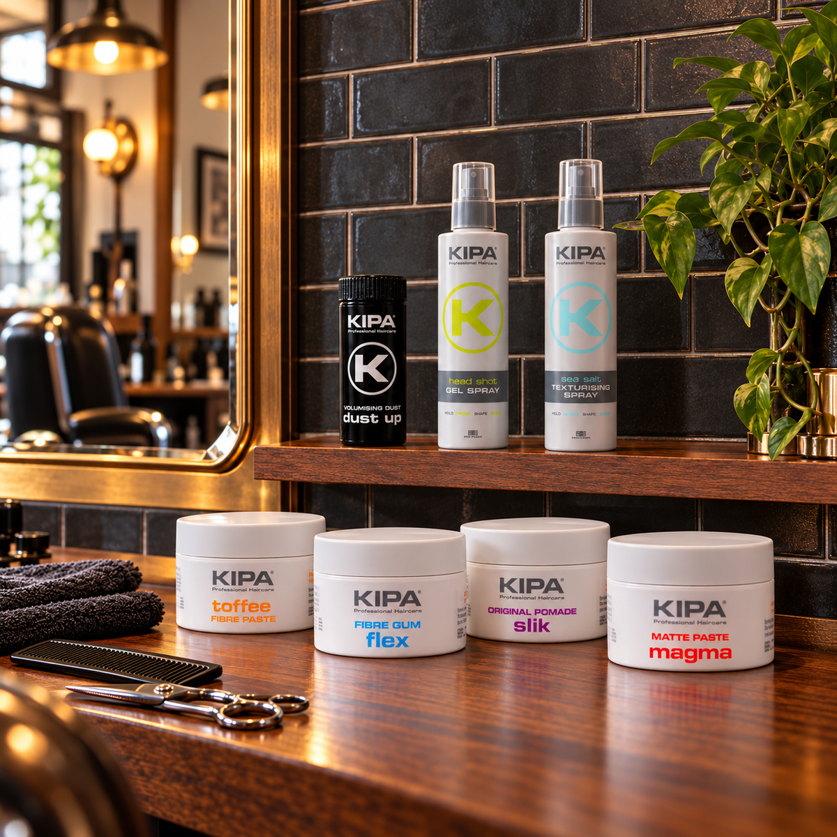 A set of KIPA haircare products arranged on a wooden counter in a barbershop or salon setting, with a mirror, black tiled wall, and plant in the background. The products include matte paste, flexible gel, original pomade, and quicK up in white jars and bottles with colorful labels.