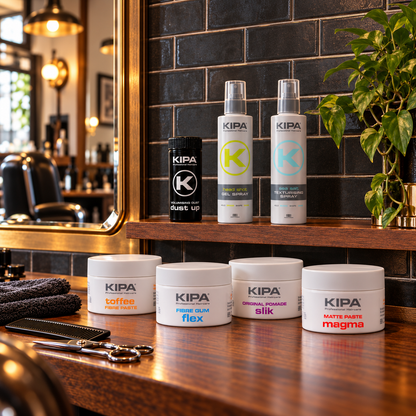 A set of KIPA haircare products arranged on a wooden counter in a barbershop or salon setting, with a mirror, black tiled wall, and plant in the background. The products include matte paste, flexible gel, original pomade, and quicK up in white jars and bottles with colorful labels.