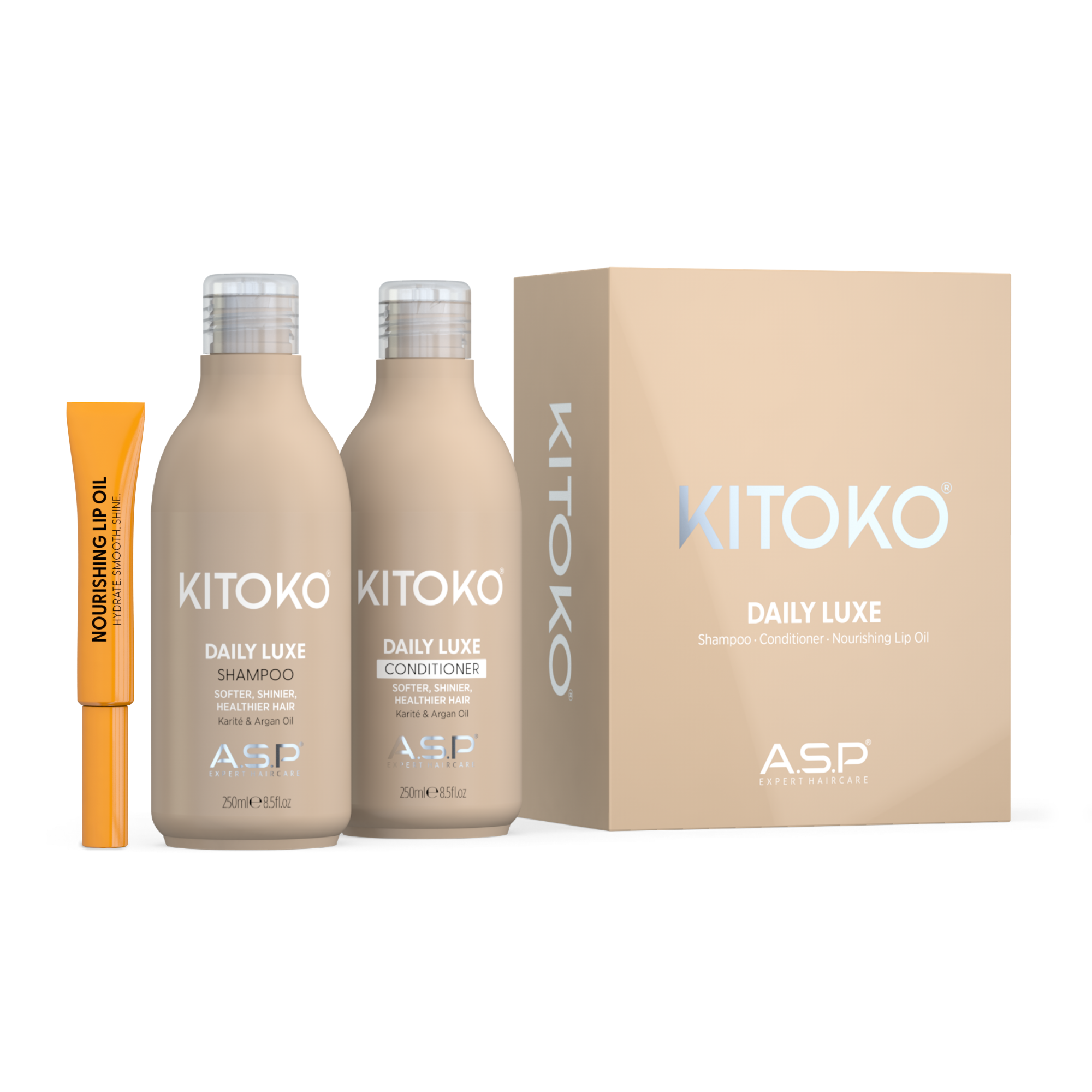 KITOKO Daily Luxe shampoo and conditioner bottles displayed next to their beige packaging box and an orange no. 4 nourishing lip oil tube on a clean white background.