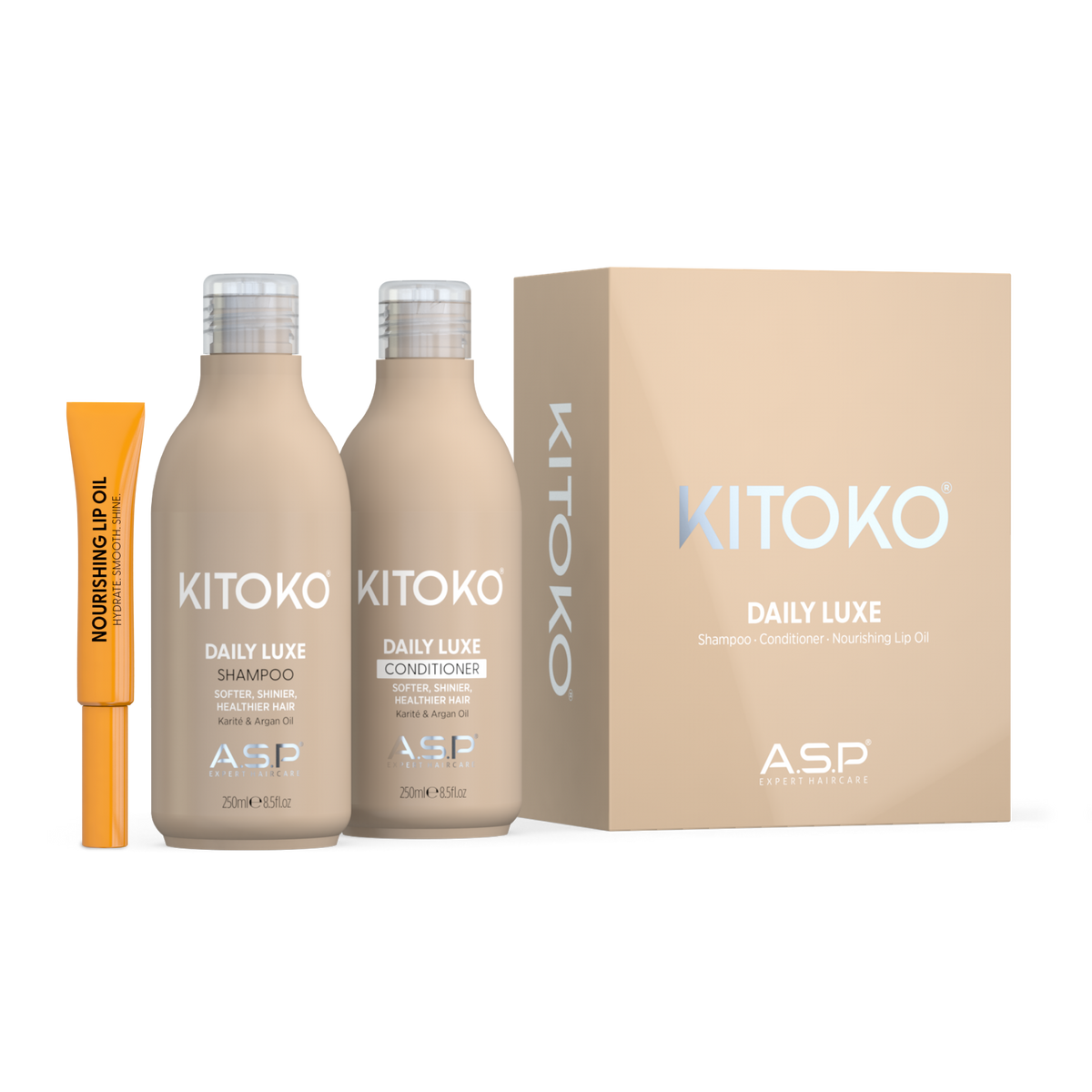 KITOKO Daily Luxe shampoo and conditioner bottles displayed next to their beige packaging box and an orange no. 4 nourishing lip oil tube on a clean white background.