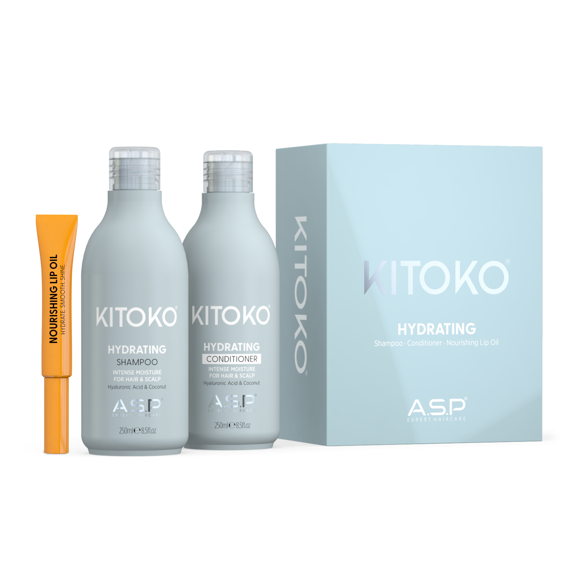 KITOKO Hydrating Shampoo and Conditioner set by ASP, featuring two light gray bottles with silver caps, an orange nourishing up oil tube, and a light blue product box on a white background.
