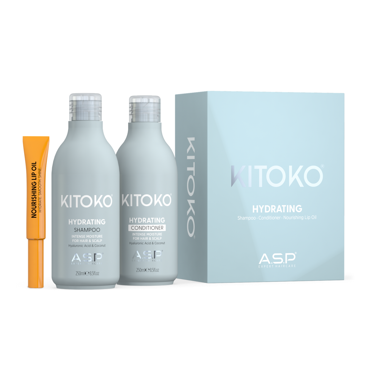 KITOKO Hydrating Shampoo and Conditioner set by ASP, featuring two light gray bottles with silver caps, an orange nourishing up oil tube, and a light blue product box on a white background.