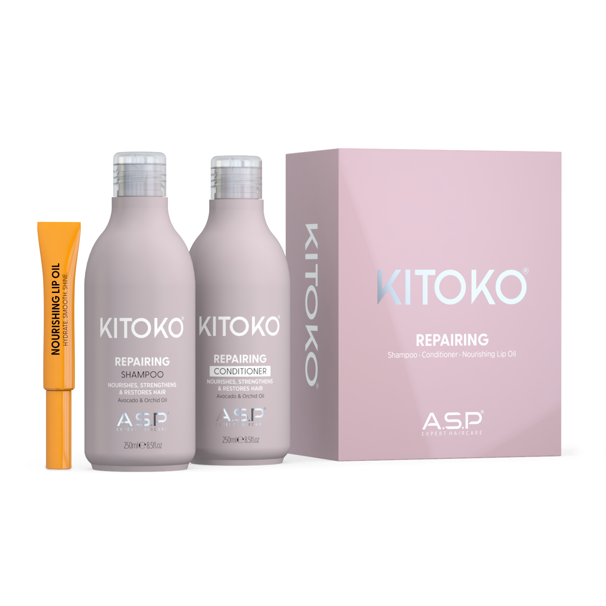 ASP Kitoko Repairing shampoo and conditioner set in pale pink bottles, shown with a pink product box and a small orange nourishing up oil tube on a white background.
