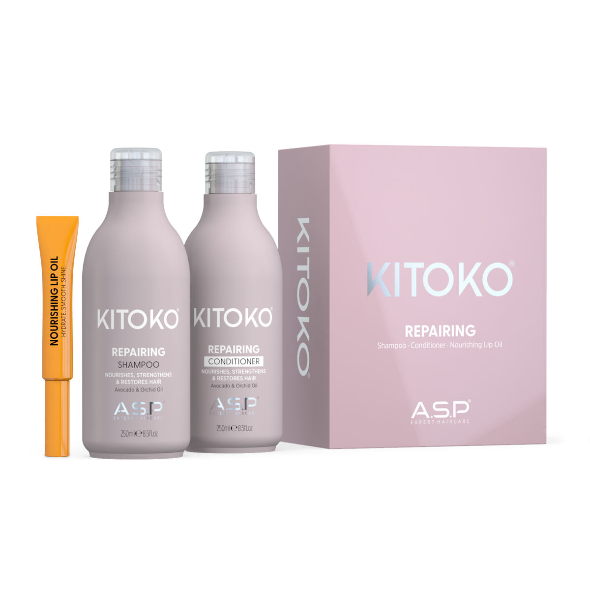 ASP Kitoko Repairing shampoo and conditioner set in pale pink bottles, shown with a pink product box and a small orange nourishing up oil tube on a white background.
