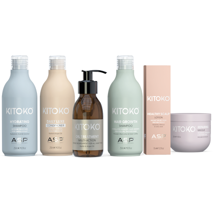 KITOKO hair care product set including shampoo, conditioner, treatment, and mask on a white background