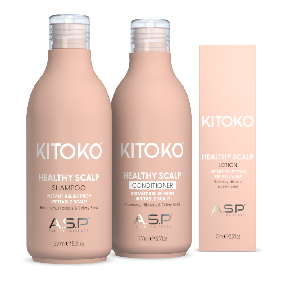 KITOKO healthy scalp shampoo and conditioner bottles with a lotion packaging on a white background