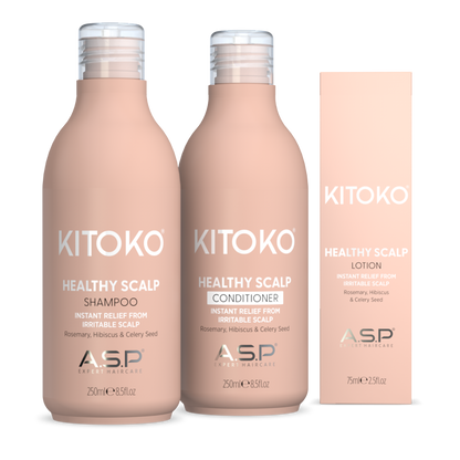 KITOKO healthy scalp shampoo and conditioner bottles with a lotion packaging on a white background