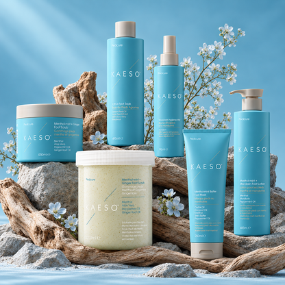 Six Kaeso haircare products arranged on driftwood and rocks against a blue water-like backdrop. 