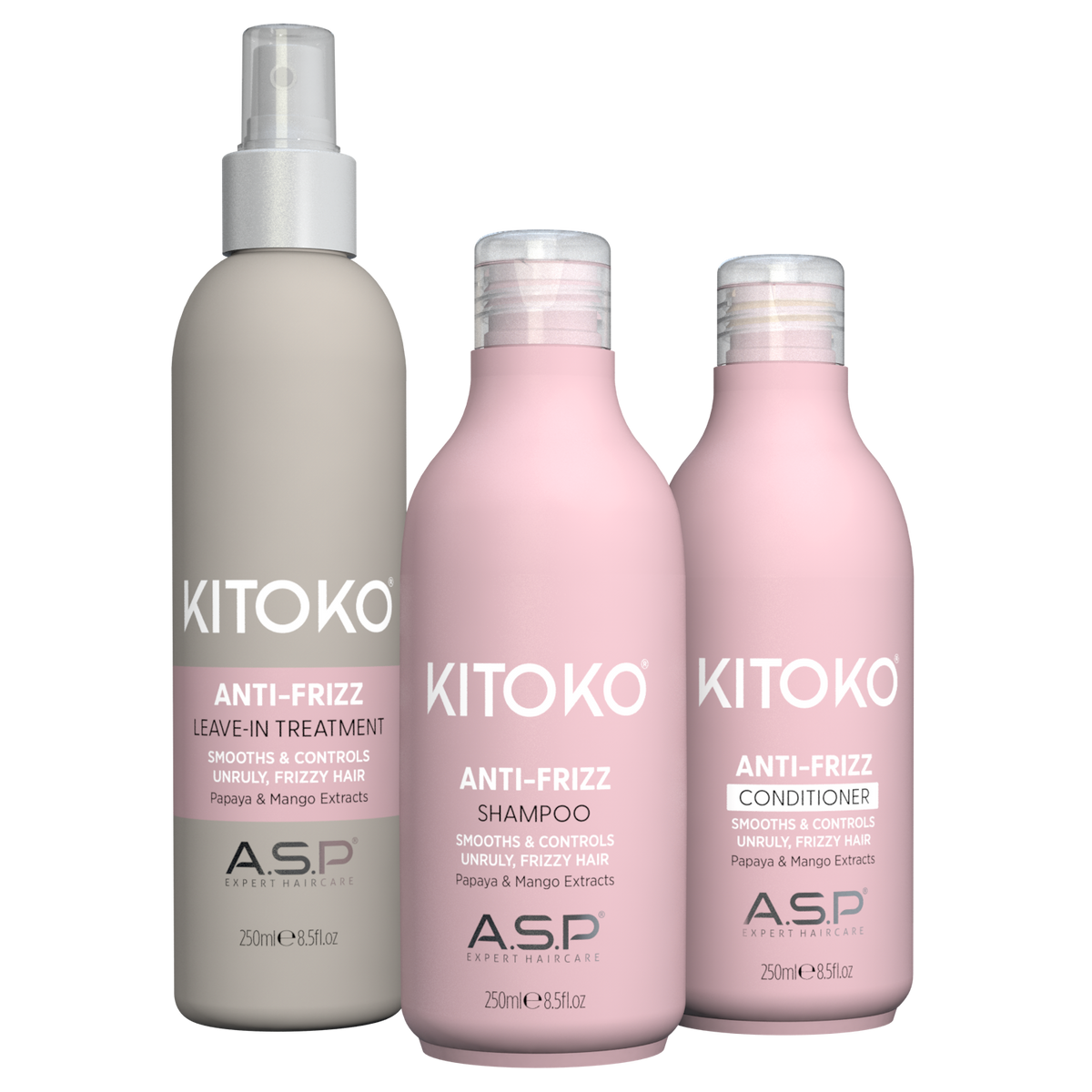Three Kitoko ASP Anti-Frizz haircare bottles on a white background: a gray leave-in treatment bottle on the left, a pink shampoo bottle in the center, and a pink conditioner bottle on the right.