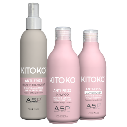 Three Kitoko ASP Anti-Frizz haircare bottles on a white background: a gray leave-in treatment bottle on the left, a pink shampoo bottle in the center, and a pink conditioner bottle on the right.
