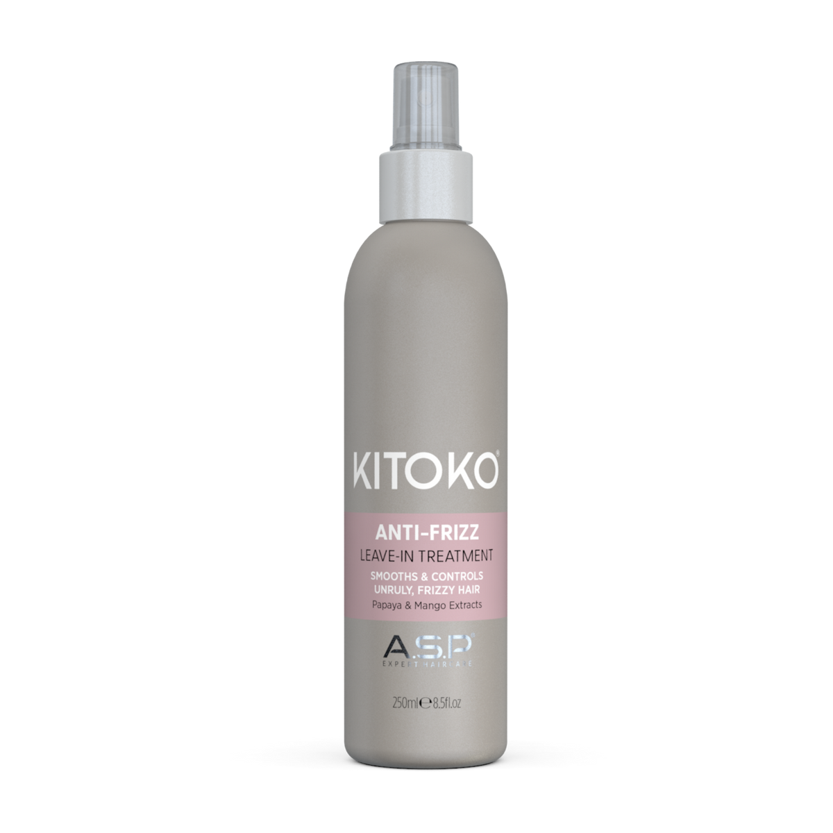 A 250ml bottle of KITOKO Anti-Frizz Leave-In Treatment by A&Y Beauty, featuring a matte taupe-gray bottle with a silver spray nozzle and a pink label accent.