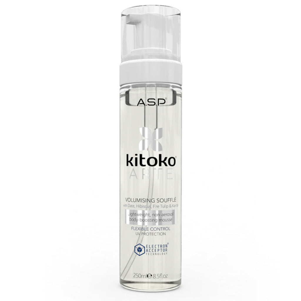 A clear cylindrical pump bottle of ASP Kitoko Volumising Soufflé hair product, featuring a white pump dispenser and clear cap, set against a plain white background.