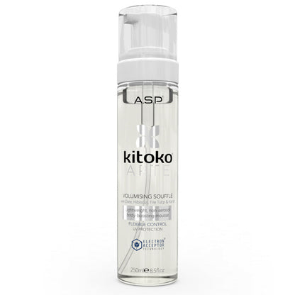 A clear cylindrical pump bottle of ASP Kitoko Volumising Soufflé hair product, featuring a white pump dispenser and clear cap, set against a plain white background.