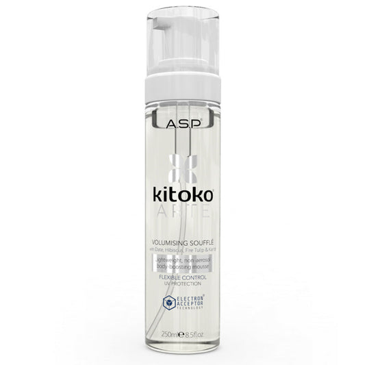 A clear cylindrical pump bottle of ASP Kitoko Volumising Soufflé hair product, featuring a white pump dispenser and clear cap, set against a plain white background.
