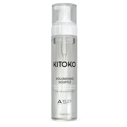 KITOKO Volumising Souffle hair volume spray in a clear cylindrical pump bottle with a white pump dispenser, shown on a plain white background.