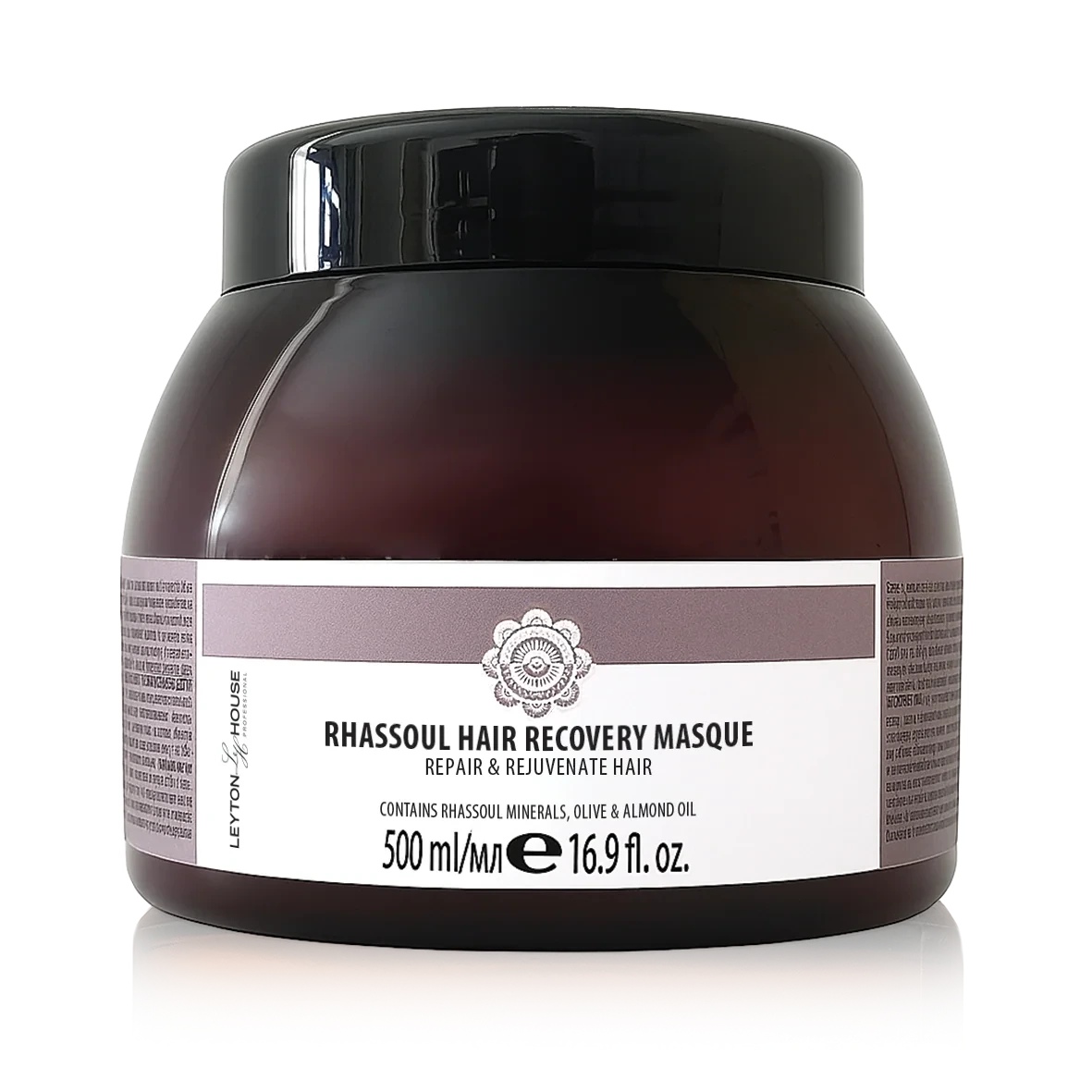 A 500 ml jar of Rhassoul Hair Recovery Masque by Leyton House, featuring a dark amber-brown translucent container, a black lid, and a white label with mauve accents.