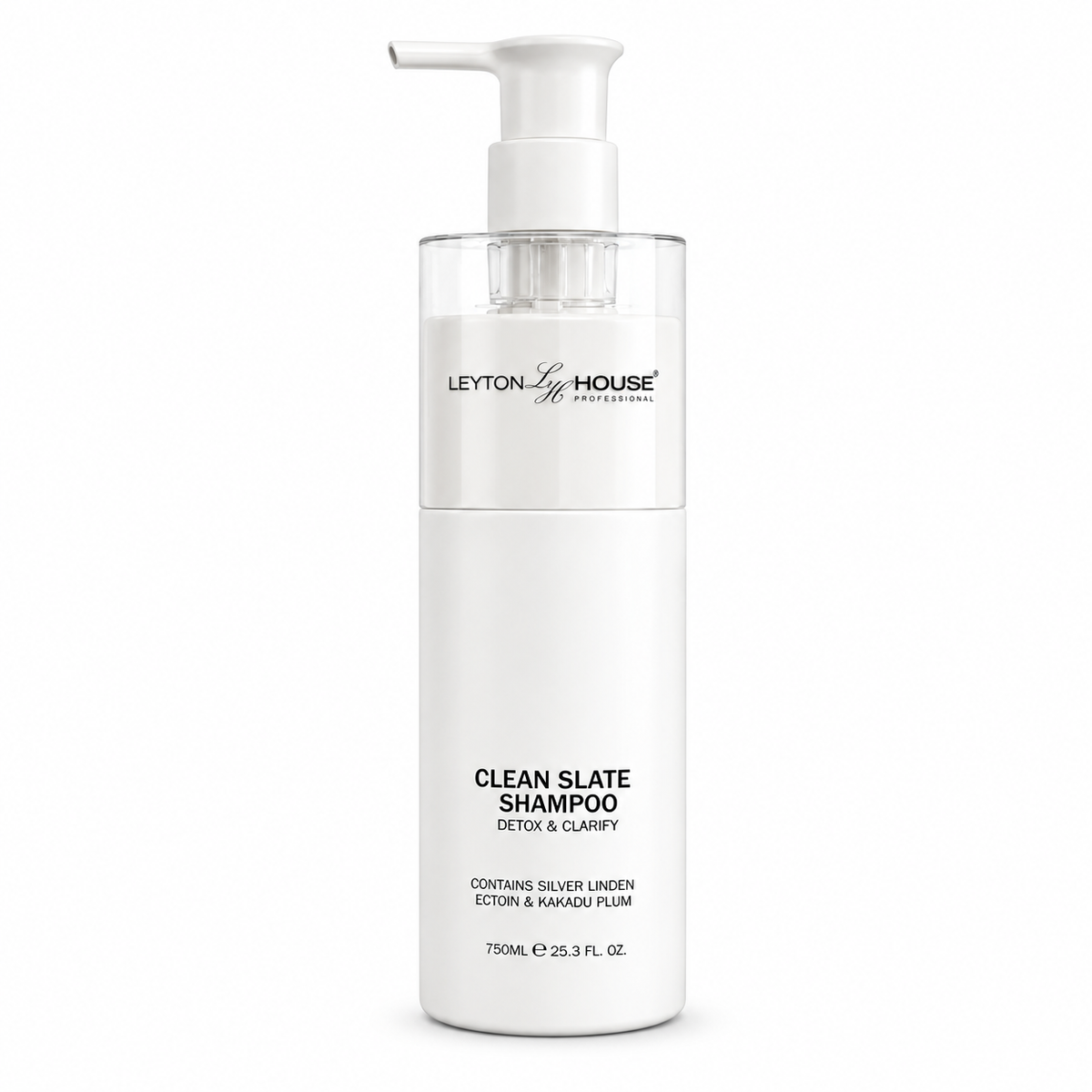 A 750ml pump bottle of Leyton House Clean Slate Shampoo on a solid white background.