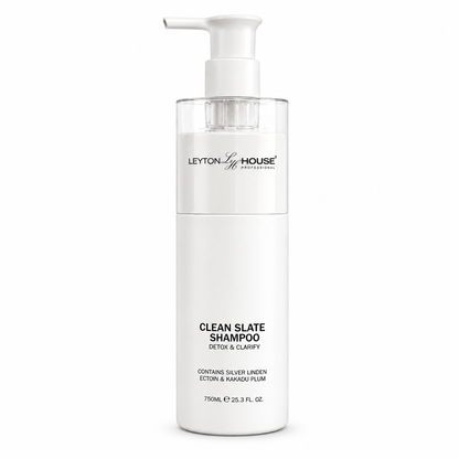 A 750ml pump bottle of Leyton House Clean Slate Shampoo on a solid white background.