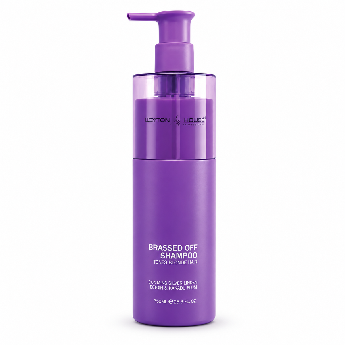 A purple pump bottle of Laiton House Brassed Off Shampoo on a clean white background.