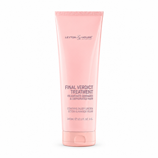 A 300ml pink squeeze tube of Leyton House Final Verdict Treatment for regrowth, damage, and dehydration hair, shown on a clean white background.