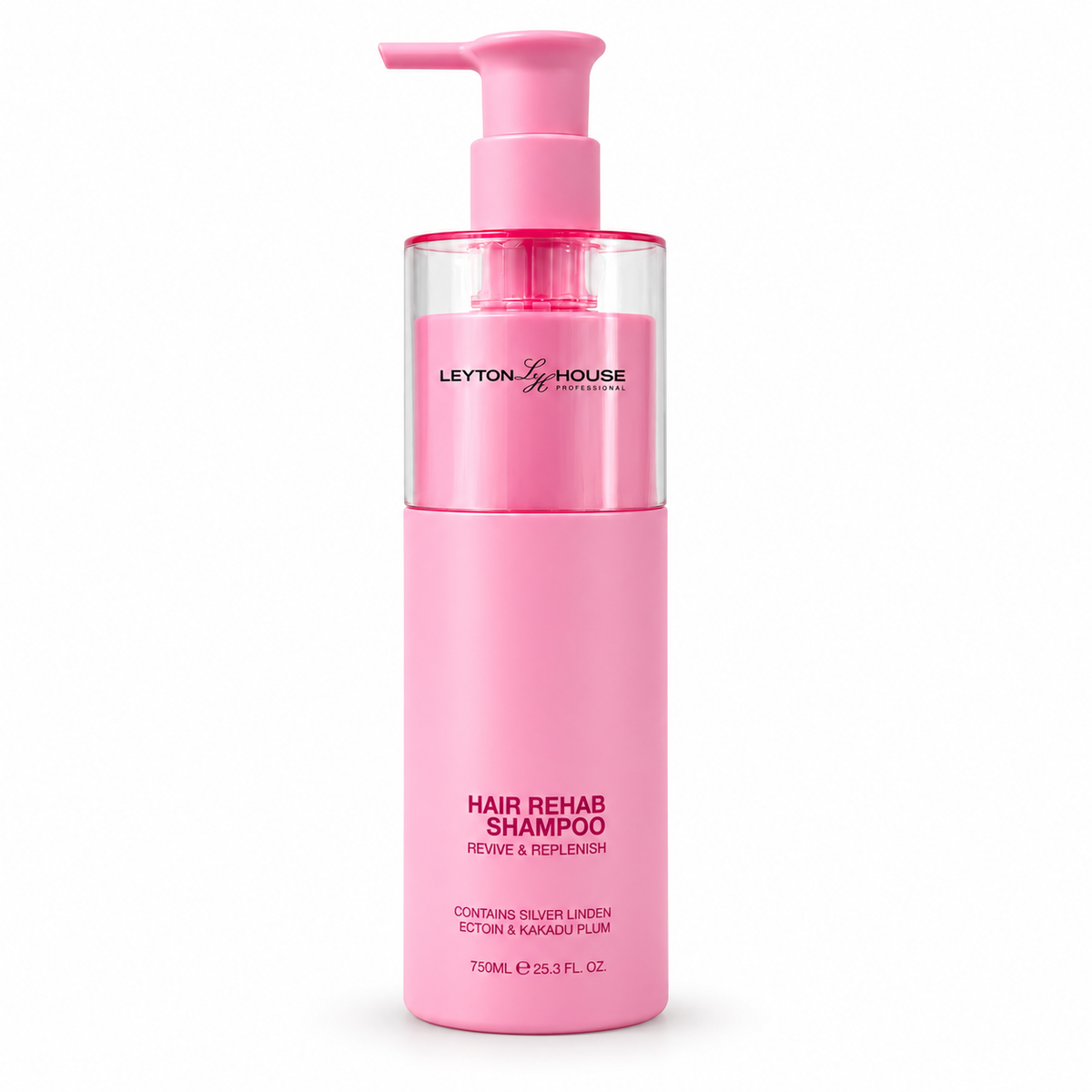 A 750ml bottle of Leyton House Hair Rehab Shampoo in a vibrant pink color, featuring a matching pink pump dispenser and a clear upper section showing the pink liquid inside, set against a plain white background.