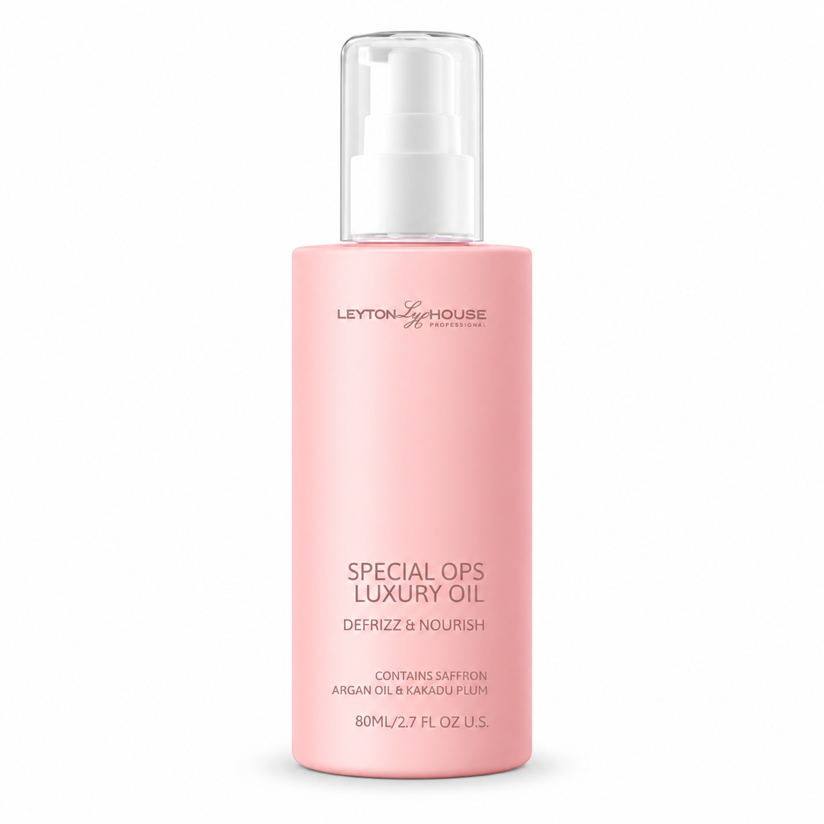 A pink cylindrical bottle of Leyton House Special Ops Luxury Oil with a clear cap and white pump, shown on a plain white background.