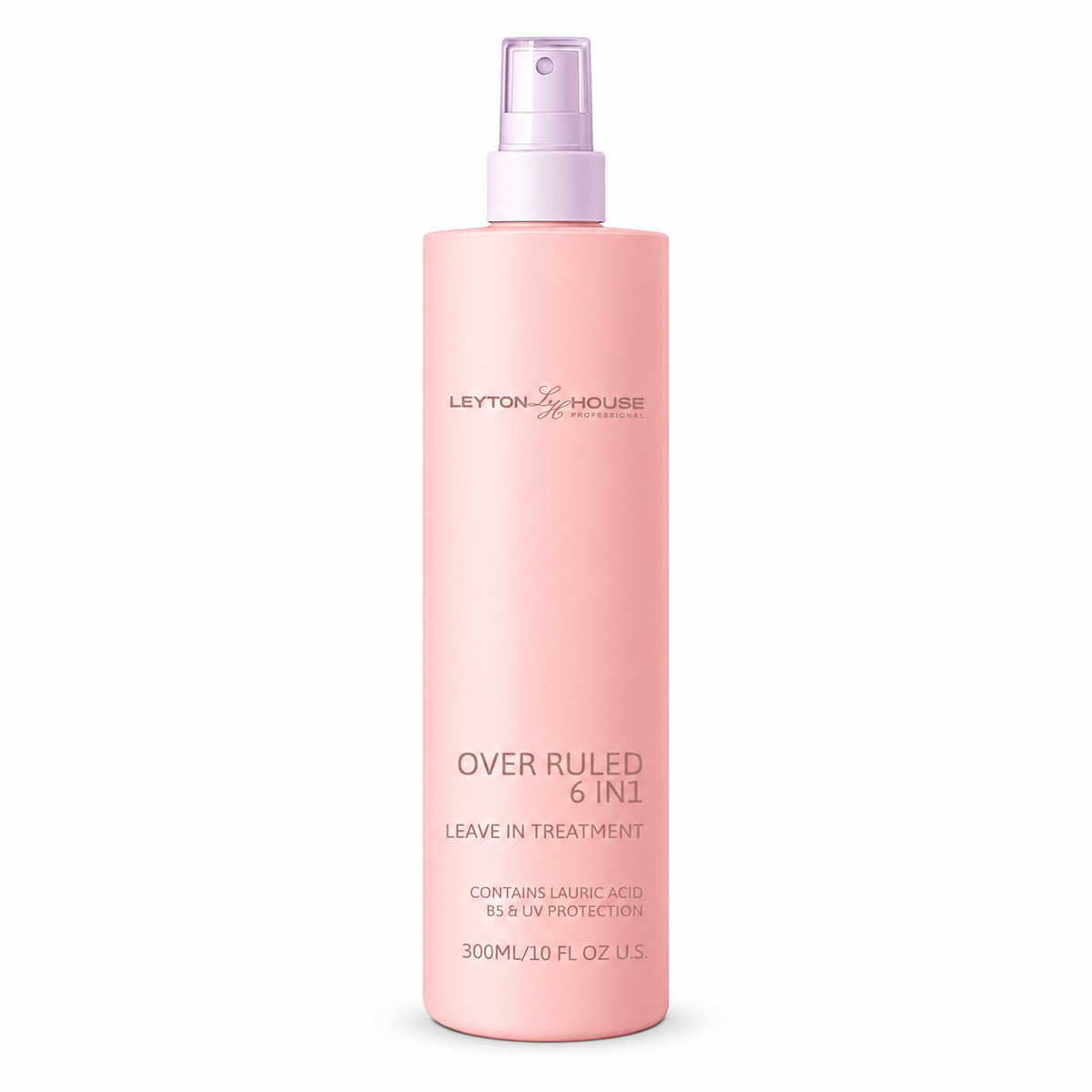 A 300ml light pink bottle of Leyton House Over Ruled 6-in-1 Leave In Treatment spray, featuring a matching pink pump dispenser, set against a plain white background.