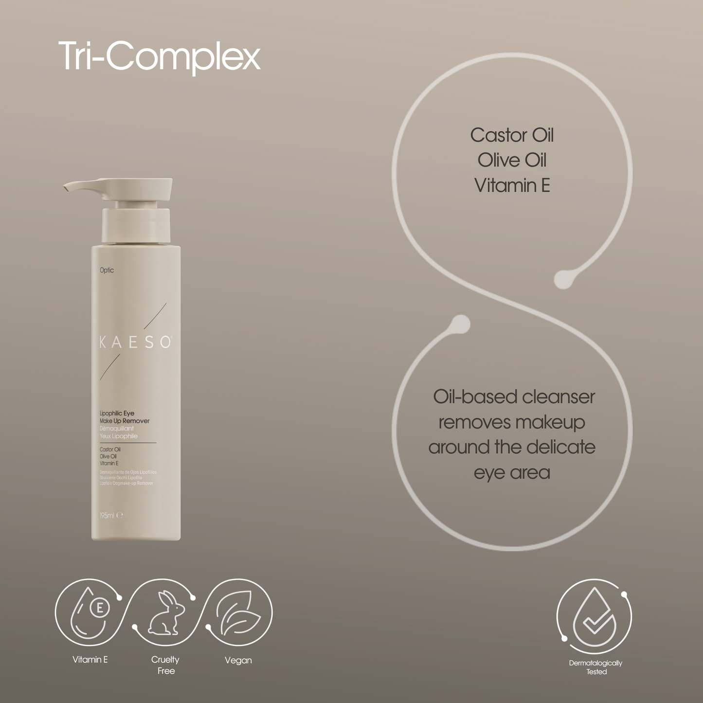 KAESO Tri-Complex Oil-Based Cleanser bottle on a warm taupe background with product details, ingredient callouts, and benefit icons.