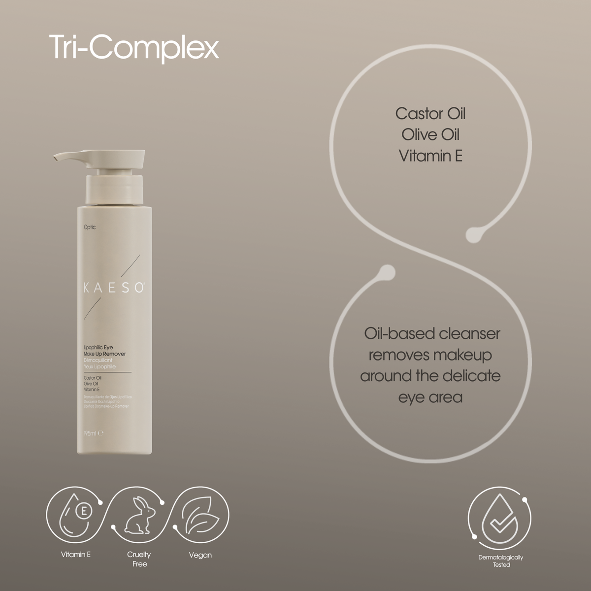 KAESO Tri-Complex Oil-Based Cleanser bottle on a warm taupe background with product details, ingredient callouts, and benefit icons.