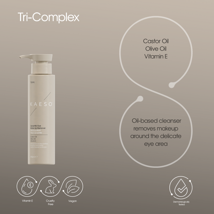KAESO Tri-Complex Oil-Based Cleanser bottle on a warm taupe background with product details, ingredient callouts, and benefit icons.