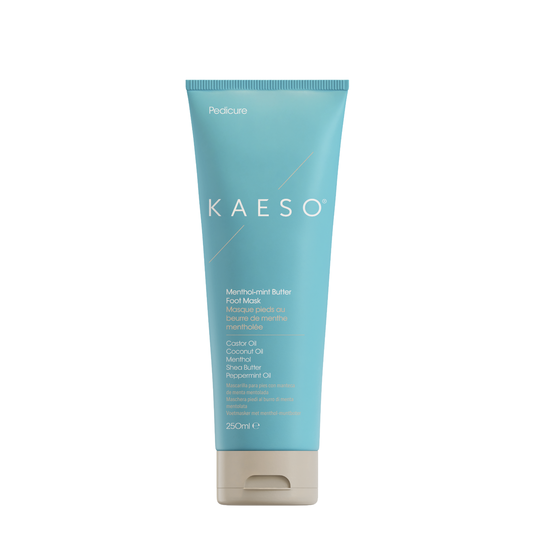 Kaeso Moringen Butter Foot Mask in a light blue squeeze tube with a beige cap, shown on a plain white background.