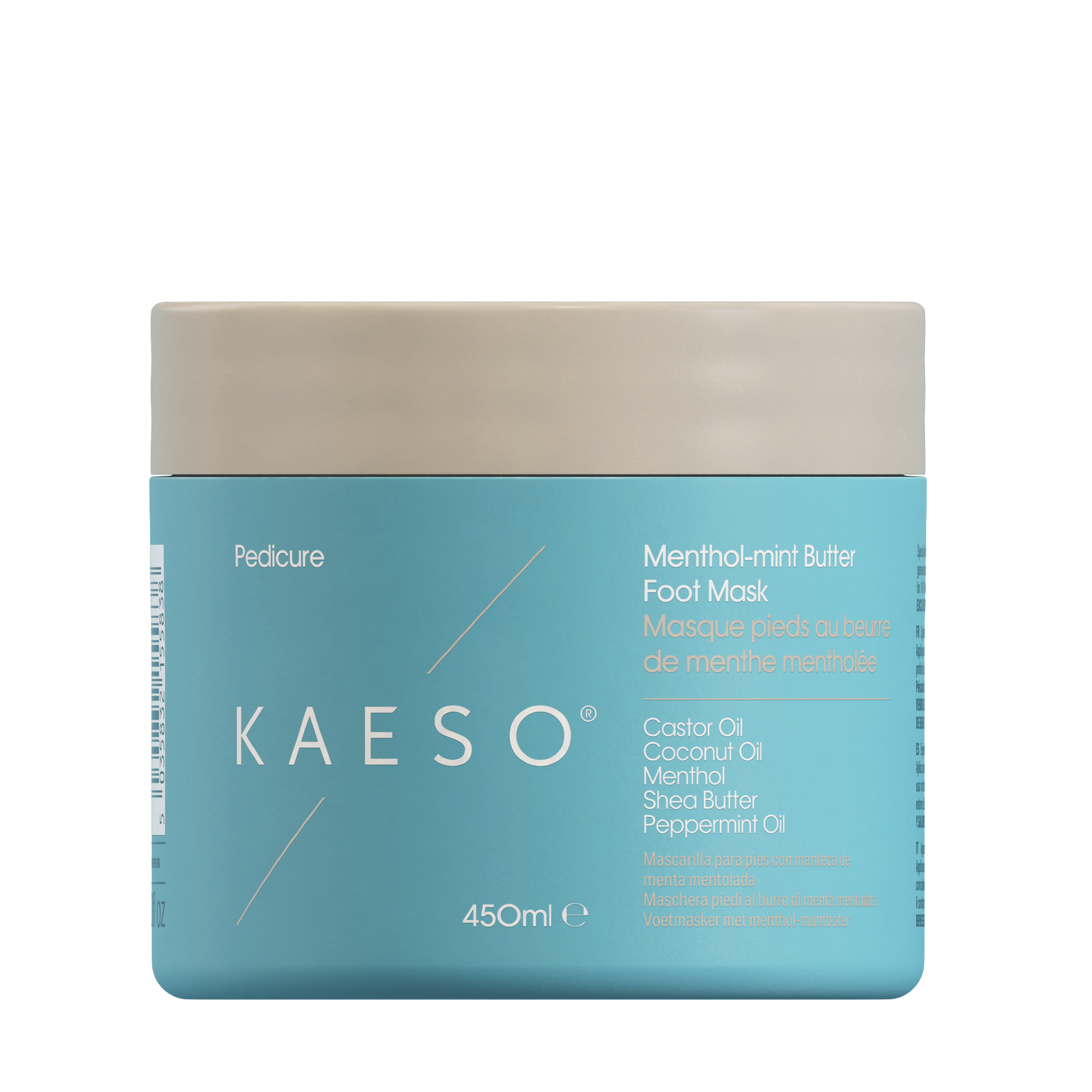 KAESO Pedicure Menthil-Marin Butter Food Mask in a 450ml jar, featuring a light blue label and a beige lid, set against a plain white background.