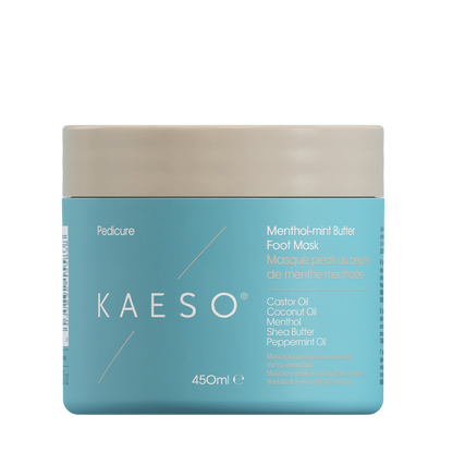KAESO Pedicure Menthil-Marin Butter Food Mask in a 450ml jar, featuring a light blue label and a beige lid, set against a plain white background.