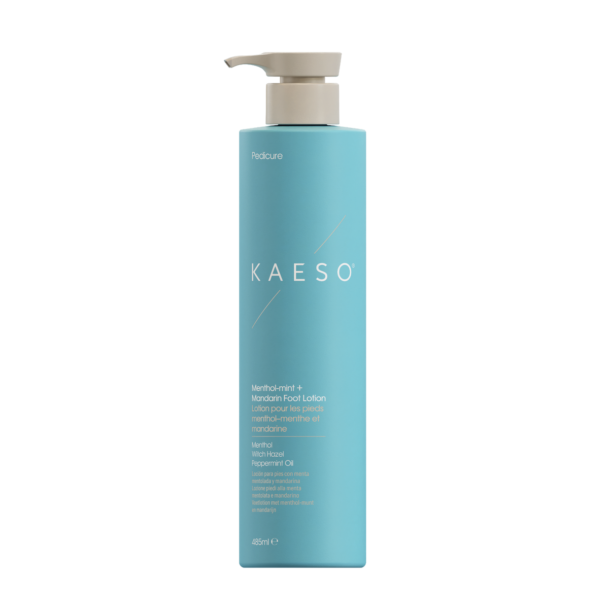 A tall, cylindrical bottle of Kaeso Menthyl + Food Lotion in a light blue color with a beige pump dispenser, shown on a plain white background.