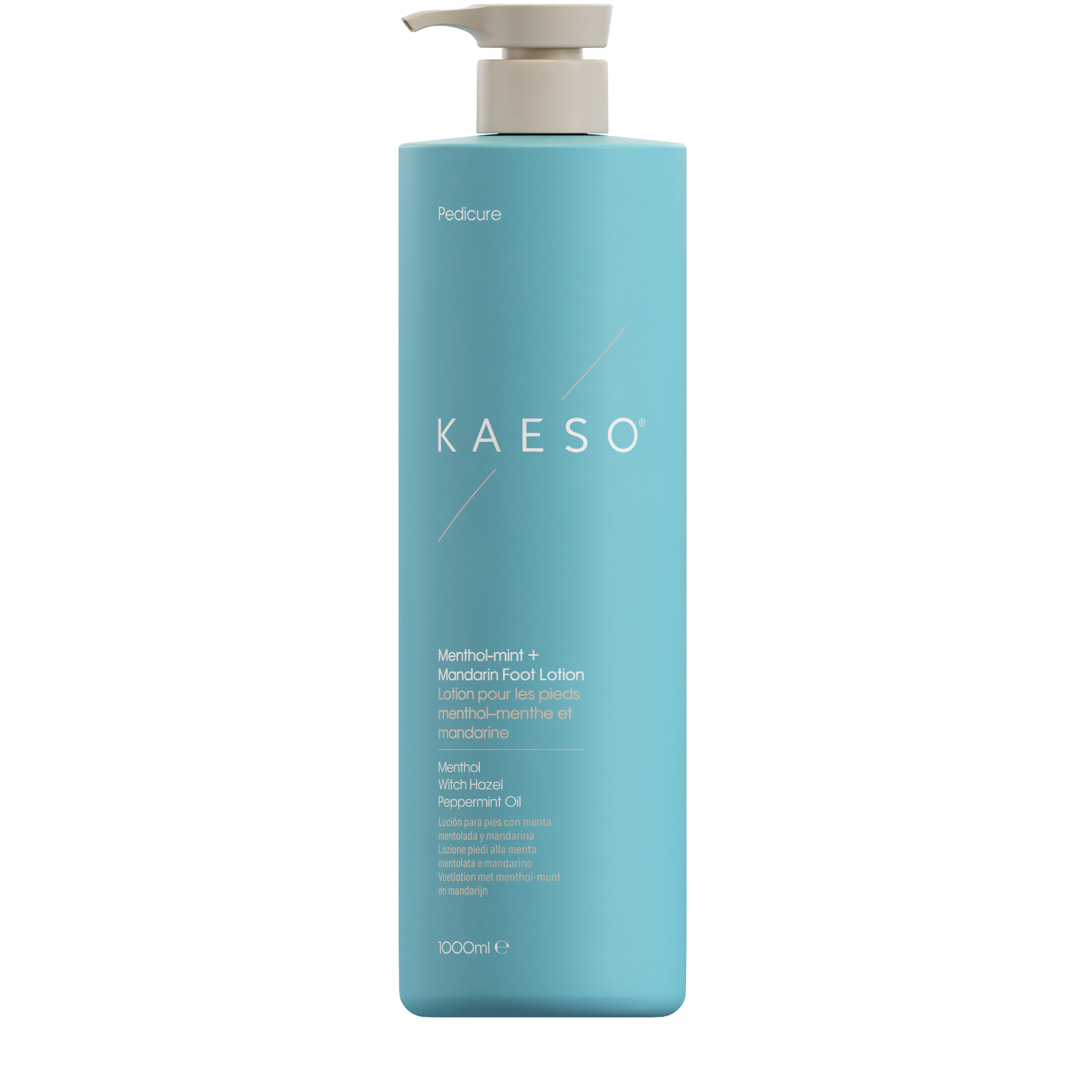 Kaeso Merlot-mert + Medium Foot Lotion in a 1000ml light blue pump bottle with a beige dispenser, shown on a plain white background.