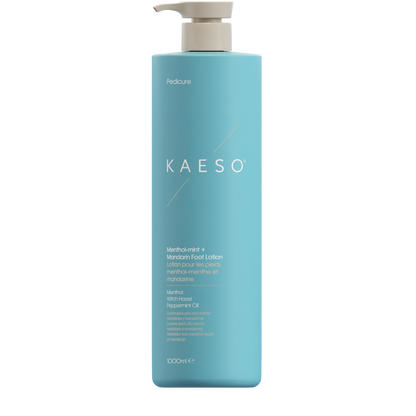 Kaeso Merlot-mert + Medium Foot Lotion in a 1000ml light blue pump bottle with a beige dispenser, shown on a plain white background.