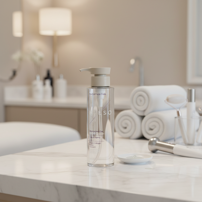 Kaeso Pro-Coll Face Care Microcurrent Gel in a clear rectangular bottle with a beige pump dispenser, shown on a plain white background.