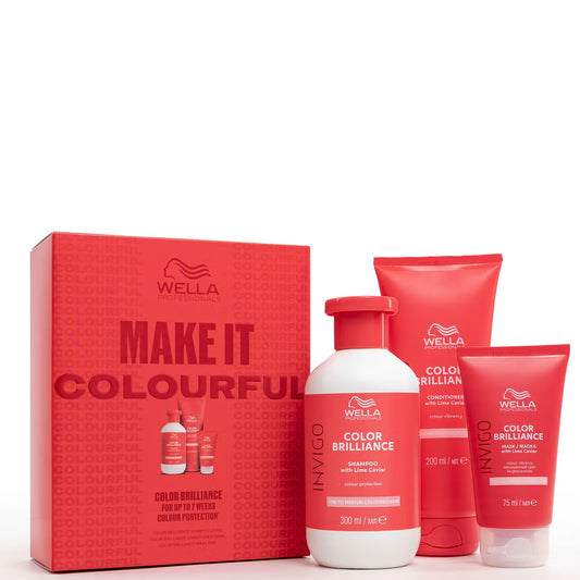 Wella Color Brilliance hair care products including shampoo, conditioner, and box on a white background