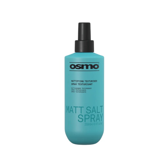 A bottle of Osmo Mattifying Texturiser Matt Salt Spray in a vibrant turquoise blue color with a black spray nozzle, shown on a plain white background.