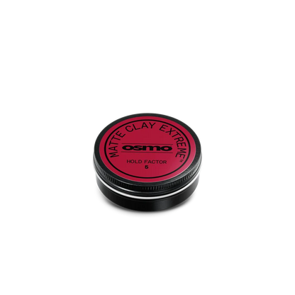 A round black tin of Osmo Matte Clay Extreme Hold Factor 8, featuring a vibrant red circular label, set against a solid white background.