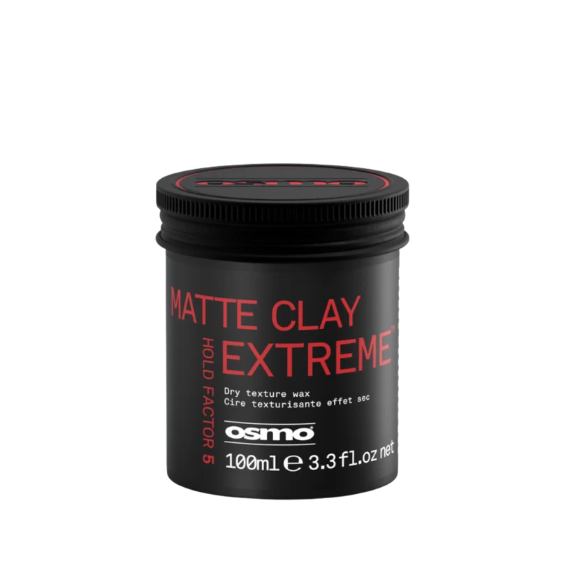 A 100ml black jar of Osmo Matte Clay Extreme dry texture wax, featuring red and white text on a clean white background.