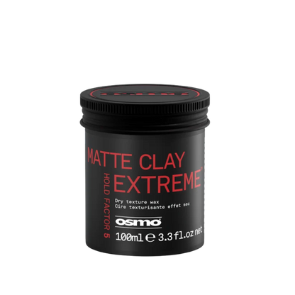 A 100ml black jar of Osmo Matte Clay Extreme dry texture wax, featuring red and white text on a clean white background.